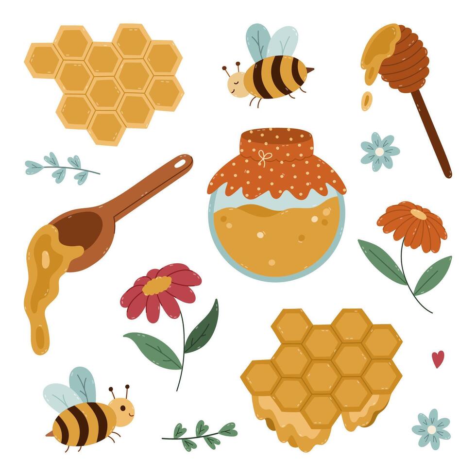 Cute bees and honey illustrations with flowers vector