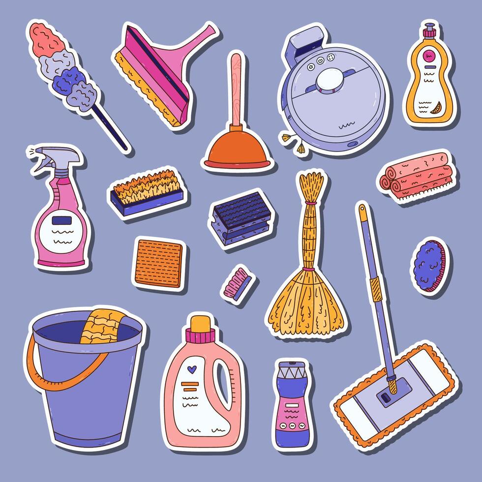 Variety of colorful cleaning supplies and tools vector