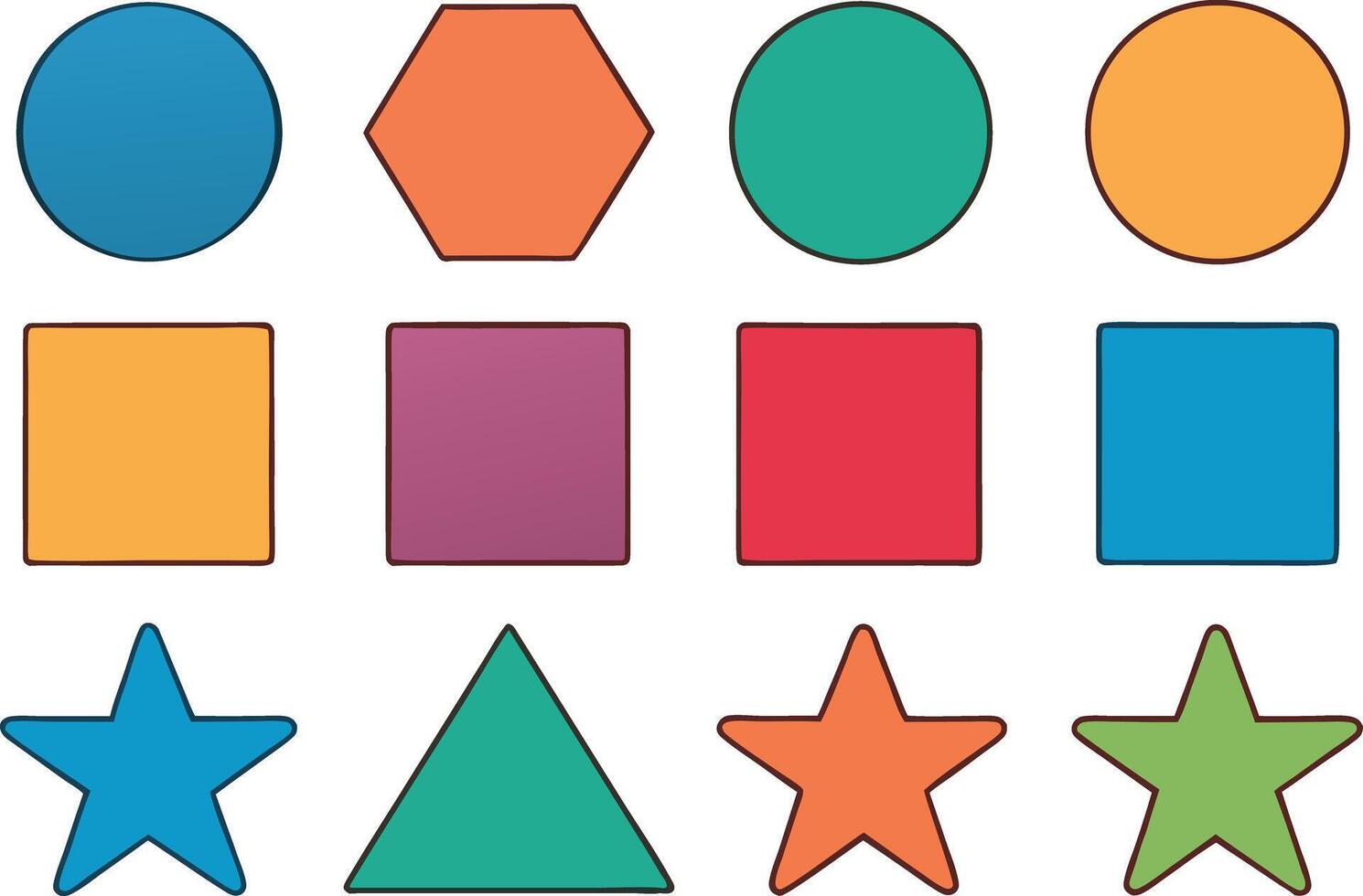 Collection of Basic Geometric Shapes Including Circles Squares and Stars in Various Colors on White Background vector