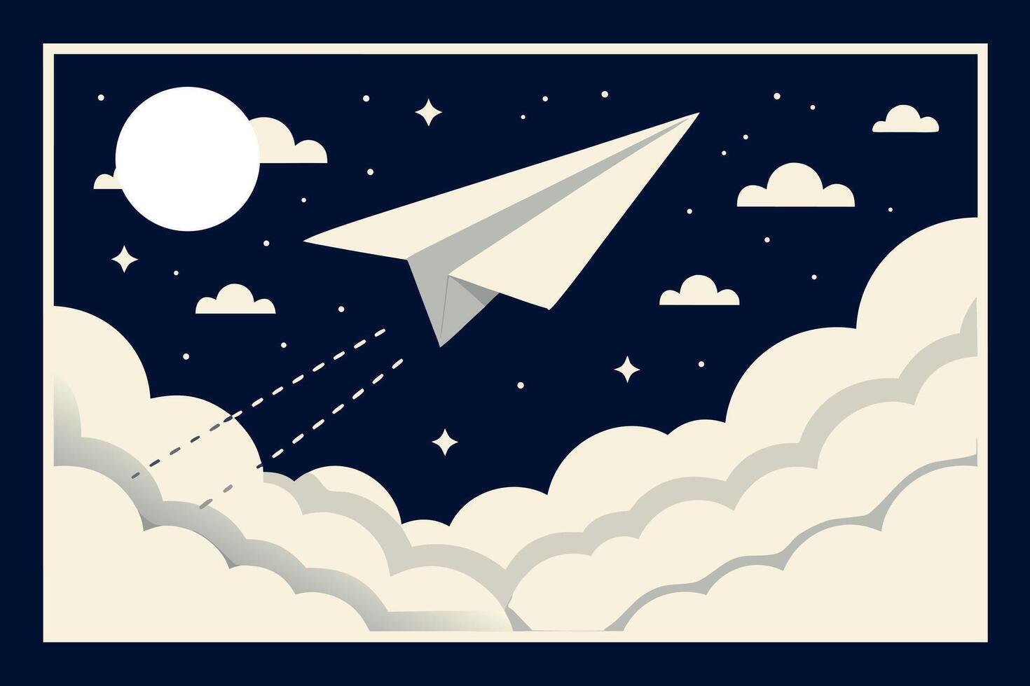 Paper airplane soaring through the night sky among fluffy clouds and stars with a bright full moon overhead symbolizing dreams and aspirations vector