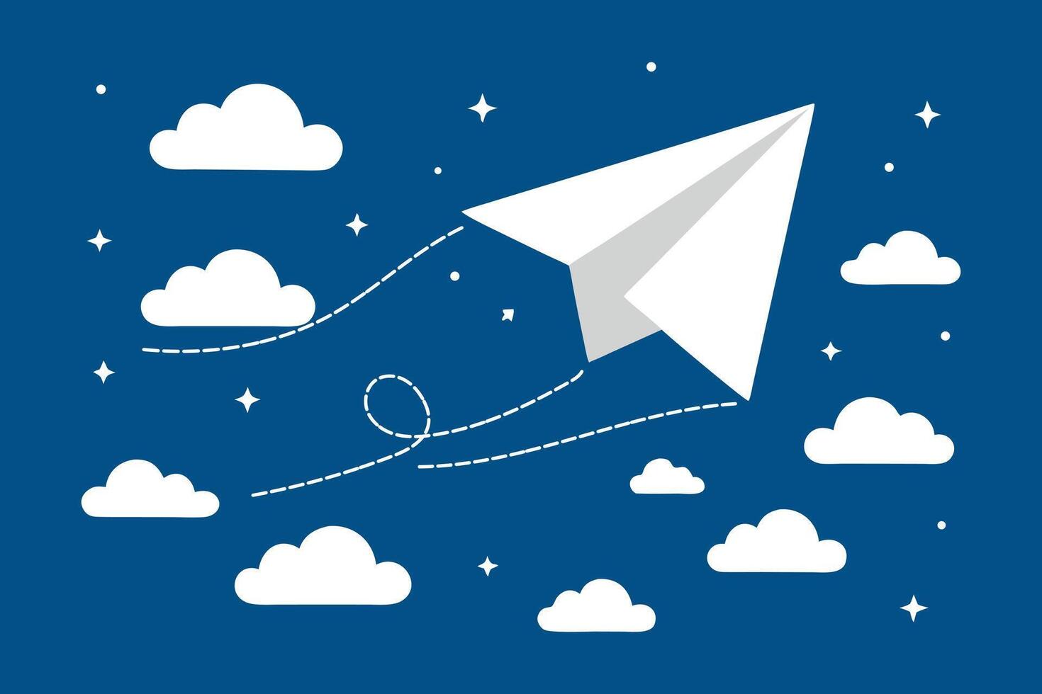 Paper airplane soaring through a starry night sky filled with fluffy white clouds and a trailing wind line a symbol of dreams imagination and travel adventure vector