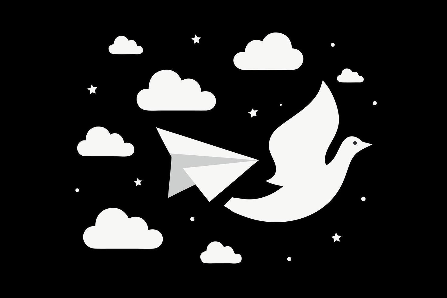 Paper airplane transforms into a dove flying through clouds and stars representing a hopeful journey and freedom vector