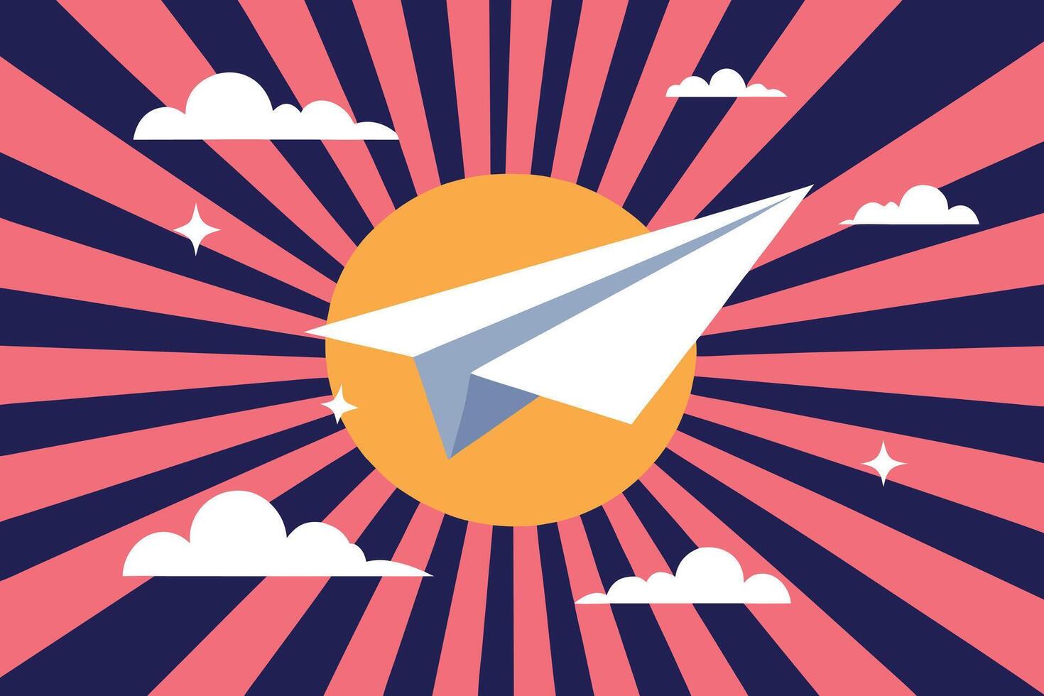 A paper airplane soars through a stylized sky with a sunburst pattern and fluffy clouds representing travel and aspiration vector