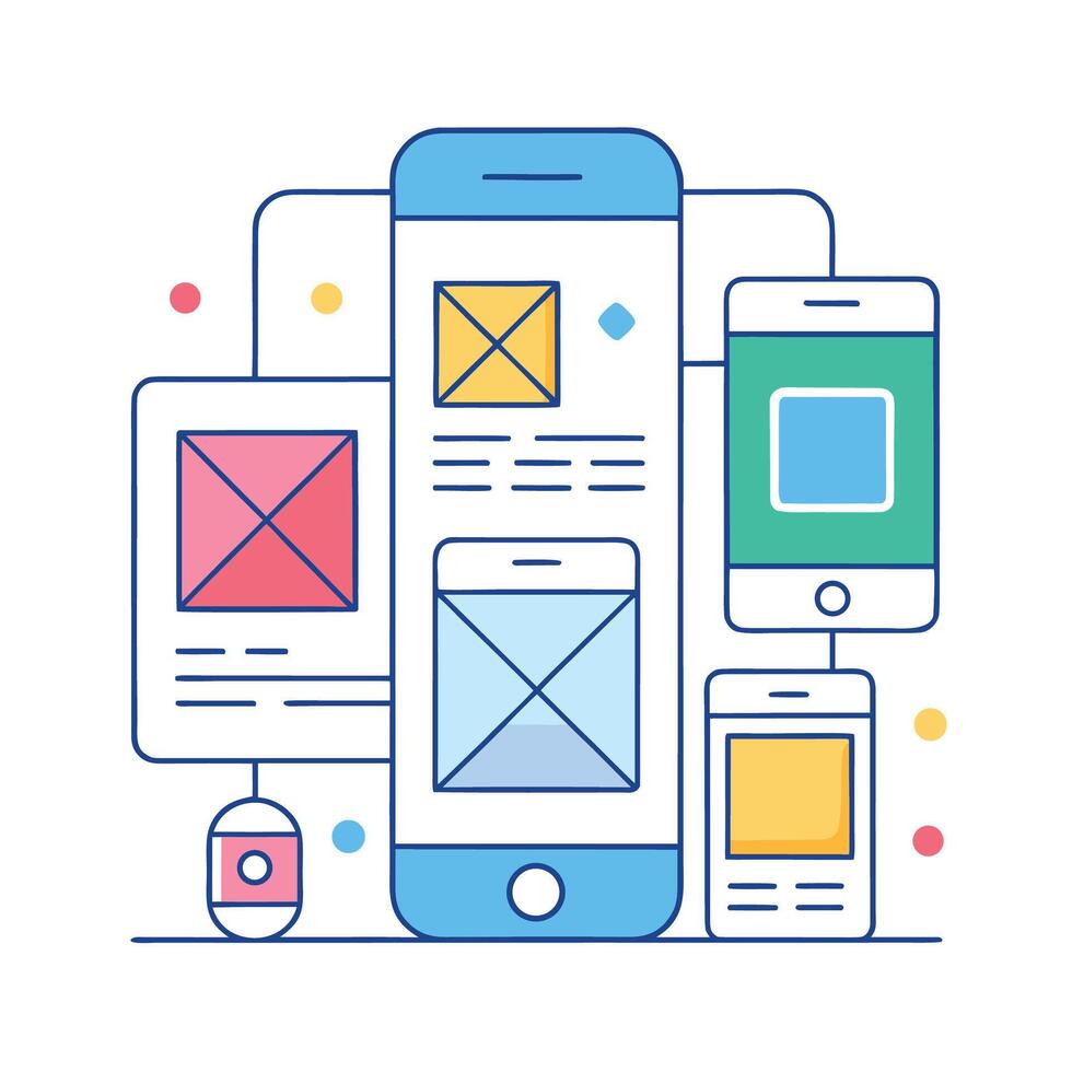 Wireframing process represented with interconnected smart phones and tablet, mobile app development. vector