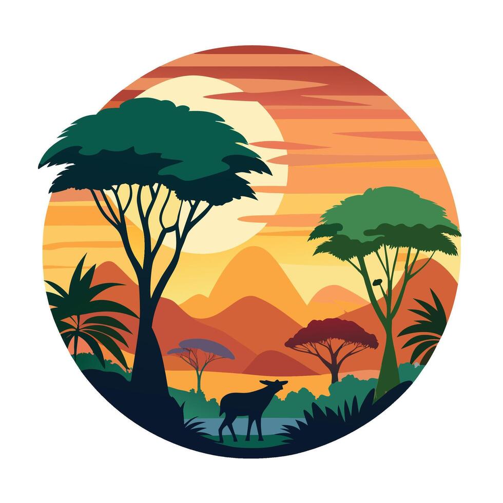 African Landscape with Silhouette Deer under Sunset, Artistic Flat Design vector