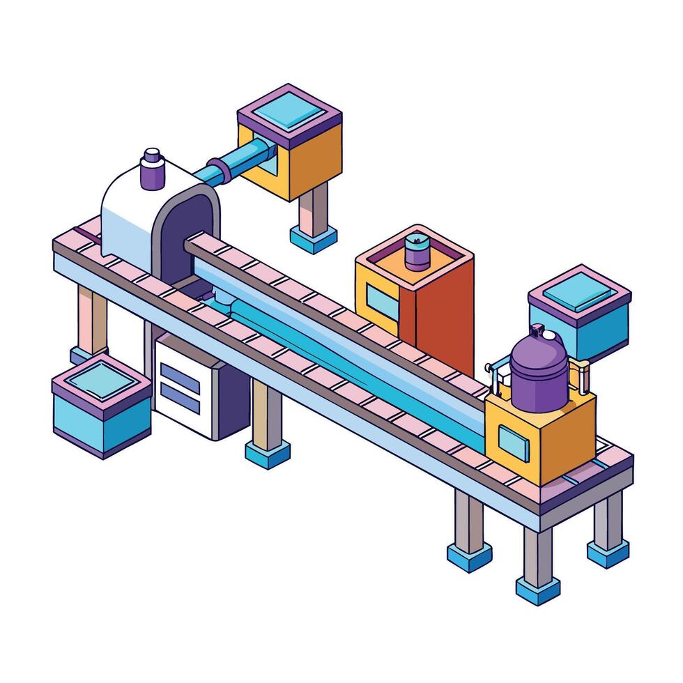 Isometric automated industrial conveyor line for manufacturing processing with different machinery vector