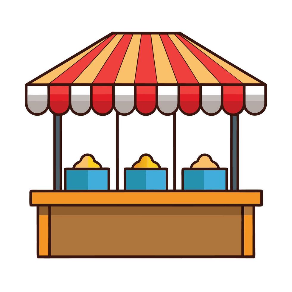 Colorful cartoon market stall with striped canopy and goods on display vector
