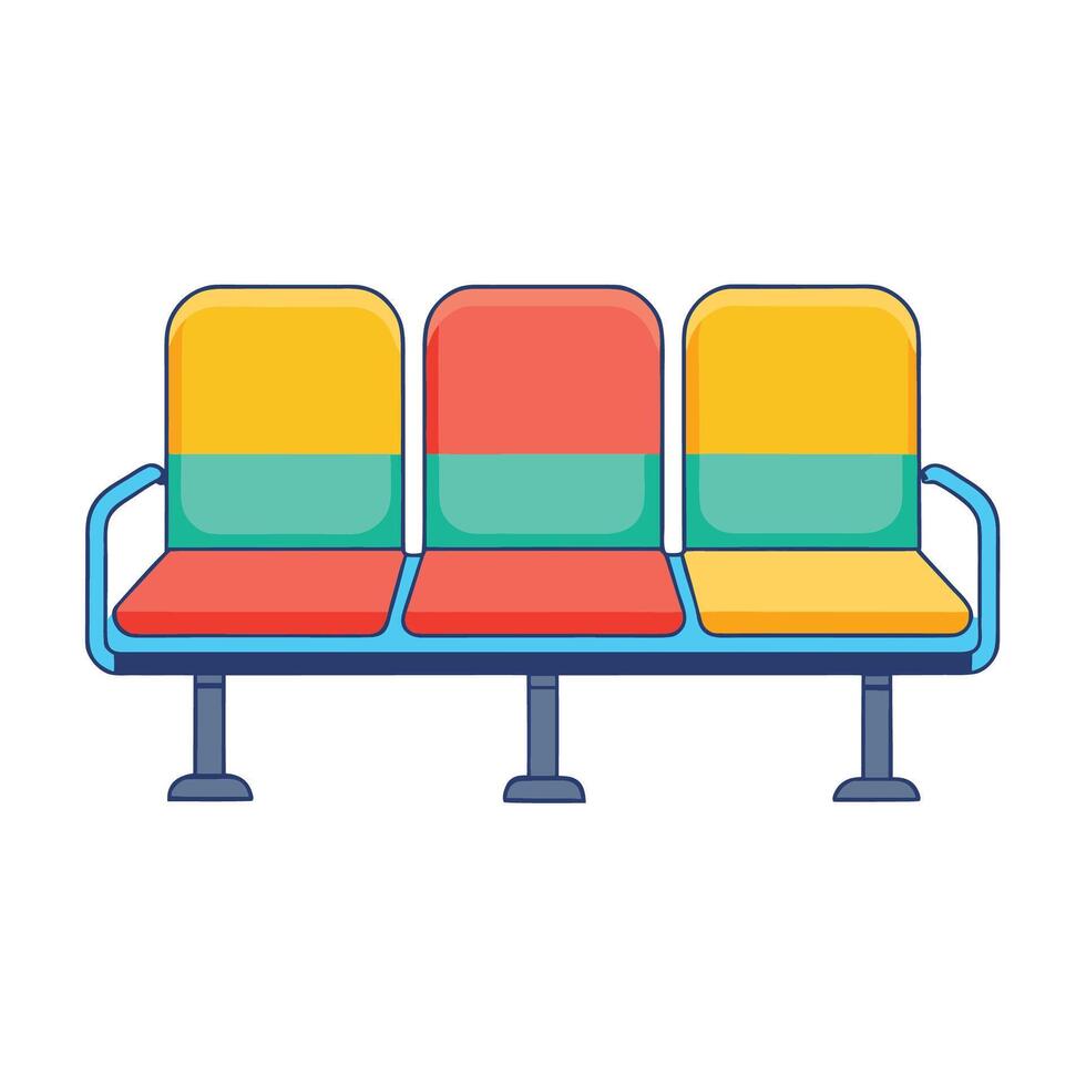 Colorful waiting bench cartoon illustration, public seating with yellow, red, and blue hues vector