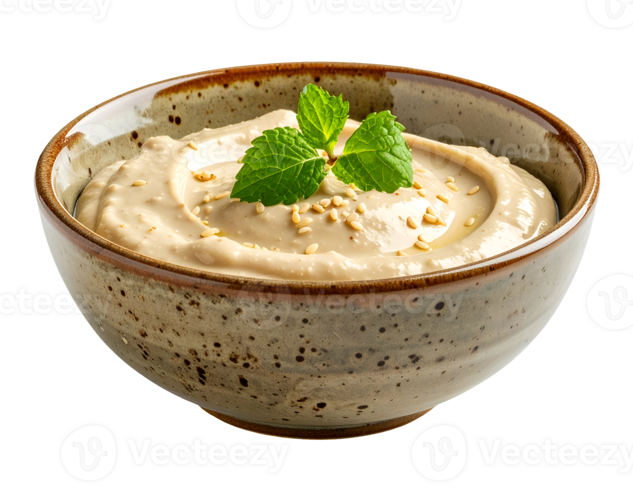 creamy tahini dip with sesame seeds and mint garnish in ceramic bowl, smooth beige vegan sauce on isolated background png