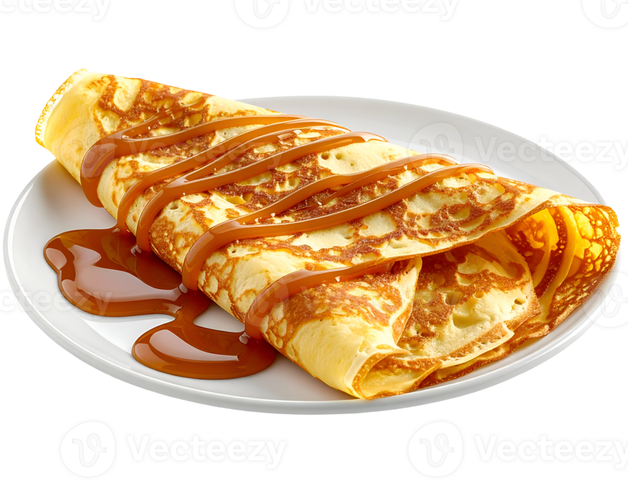 folded crepe with golden caramel drizzle on white plate on isolated background sweet dessert breakfast concept png