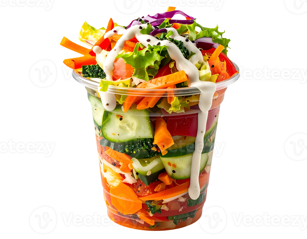 colorful fresh veggie snack cup with ranch dressing drizzle, healthy raw salad to go in plastic container on isolated background png