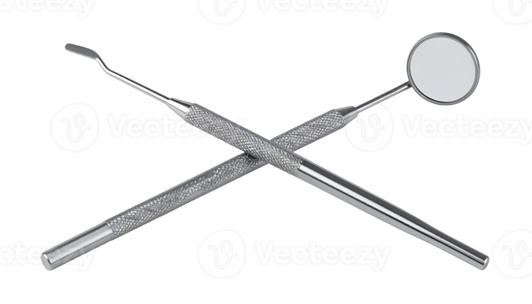 pair of stainless steel dental scaler and mouth mirror crossed together for oral hygiene checkup on isolated background with reflective textured handle for dentist tools concept png