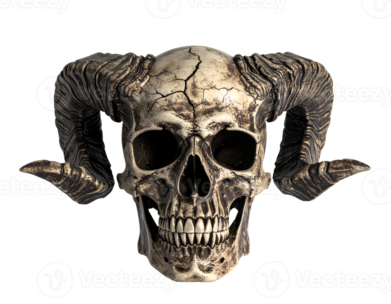 ancient demon skull with large twisted horns and deep cracked texture on isolated background png
