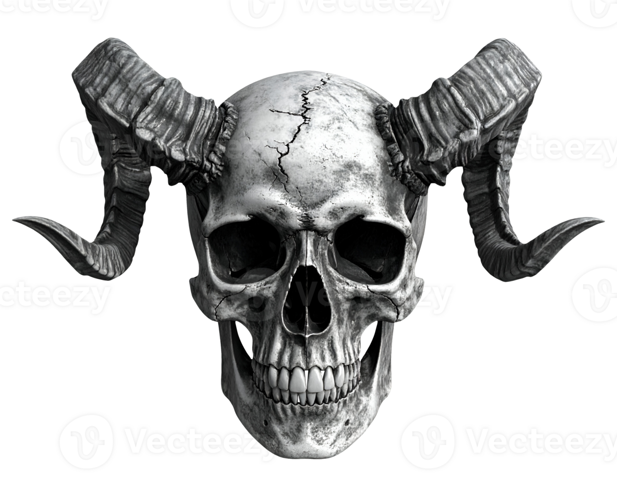 cracked demon skull with large curved horns and dark gothic texture on isolated background png