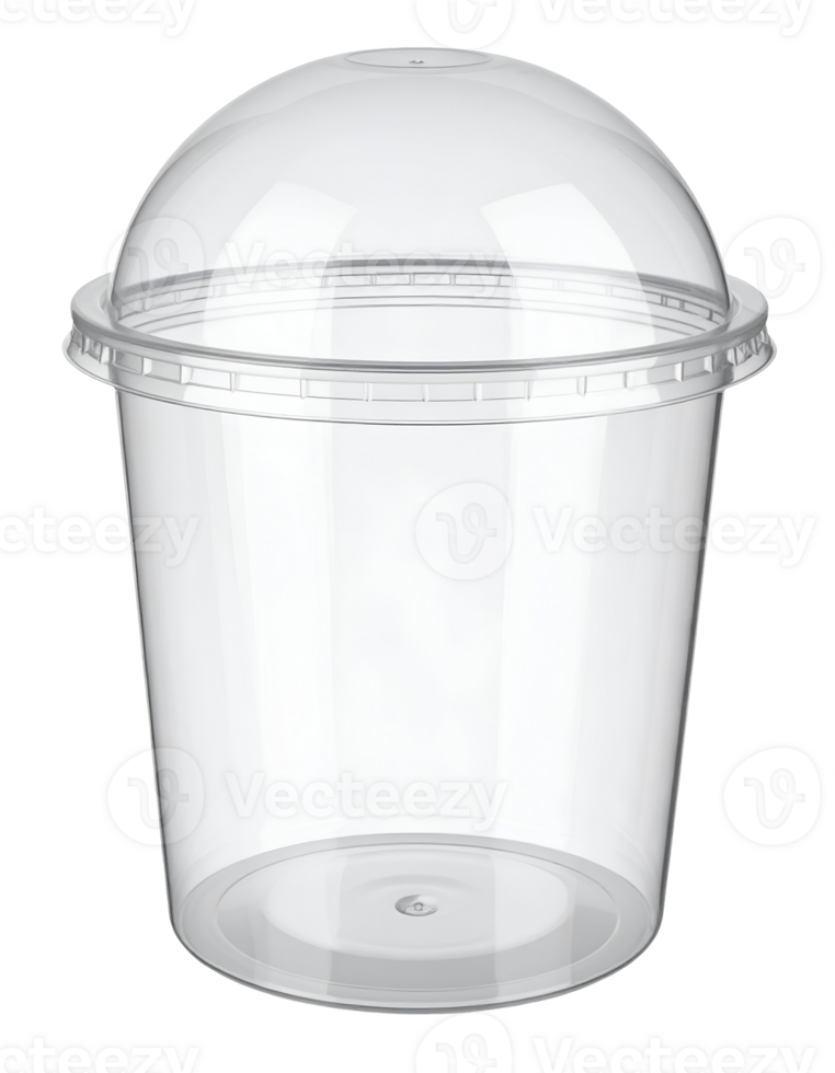 clear plastic drink cup with dome lid, round transparent takeaway container for cold beverage or dessert, empty disposable packaging, on isolated background png