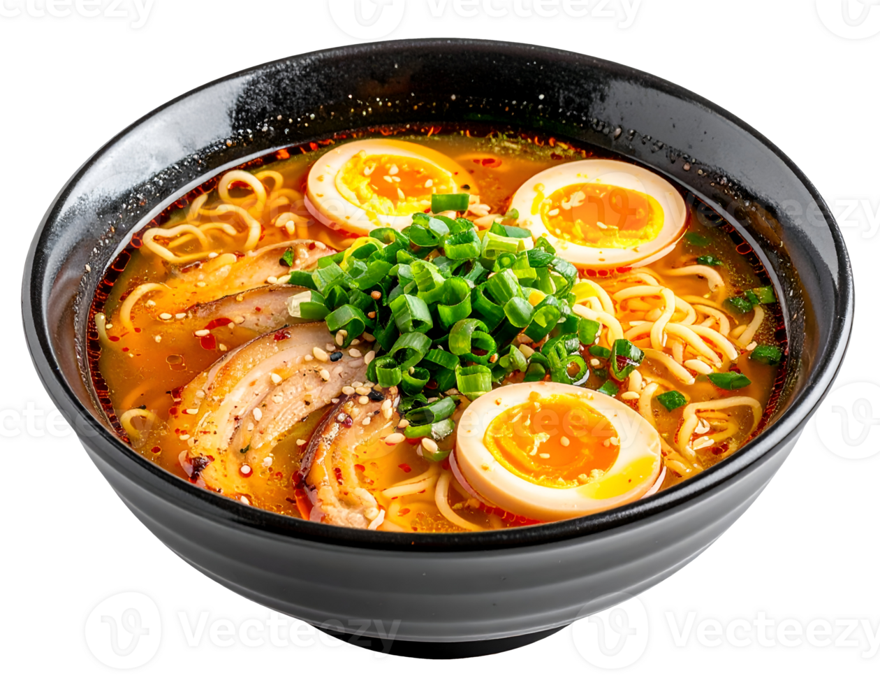 japanese ramen noodle soup with soft boiled egg chashu pork and garlic oil in bowl on isolated background png