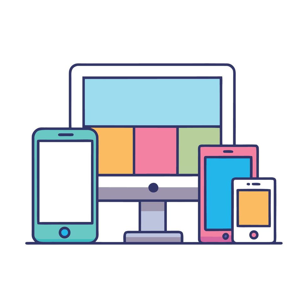 Digital devices illustration computer monitor, mobile phones, and tablet on white background vector