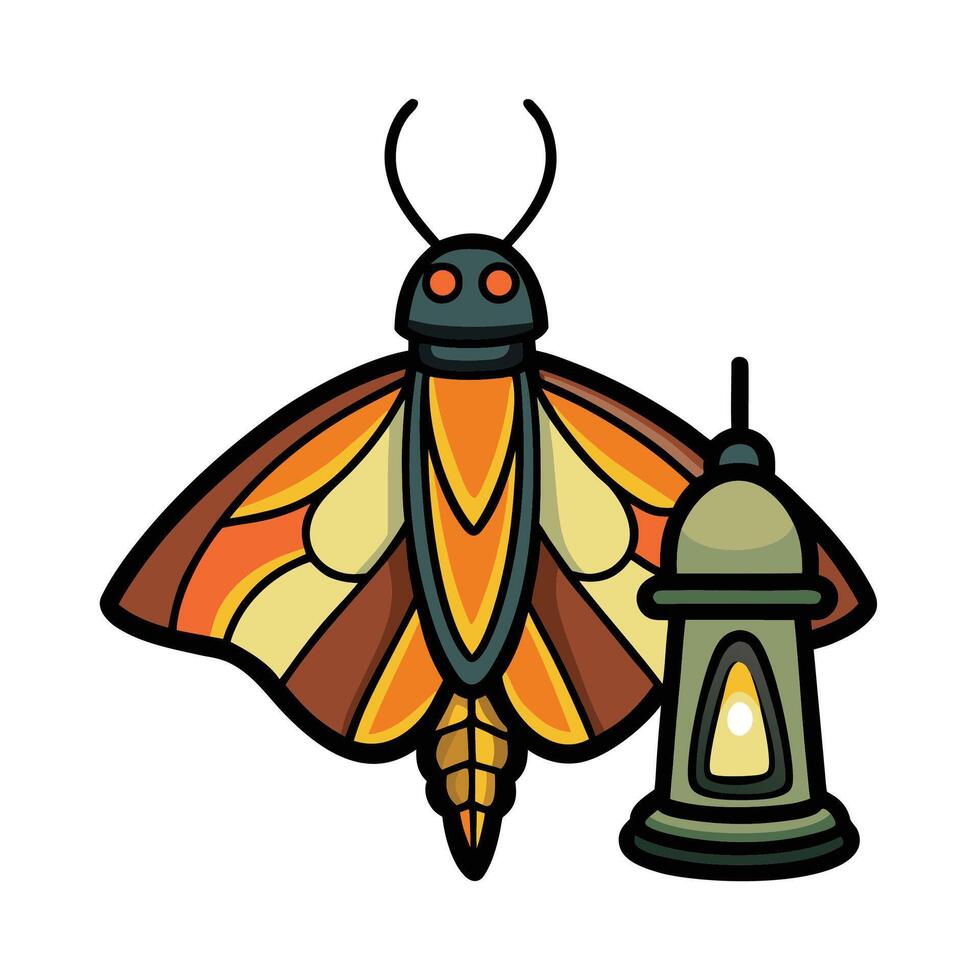 Stylized graphic of a moth with warm colored wings next to a lantern vector