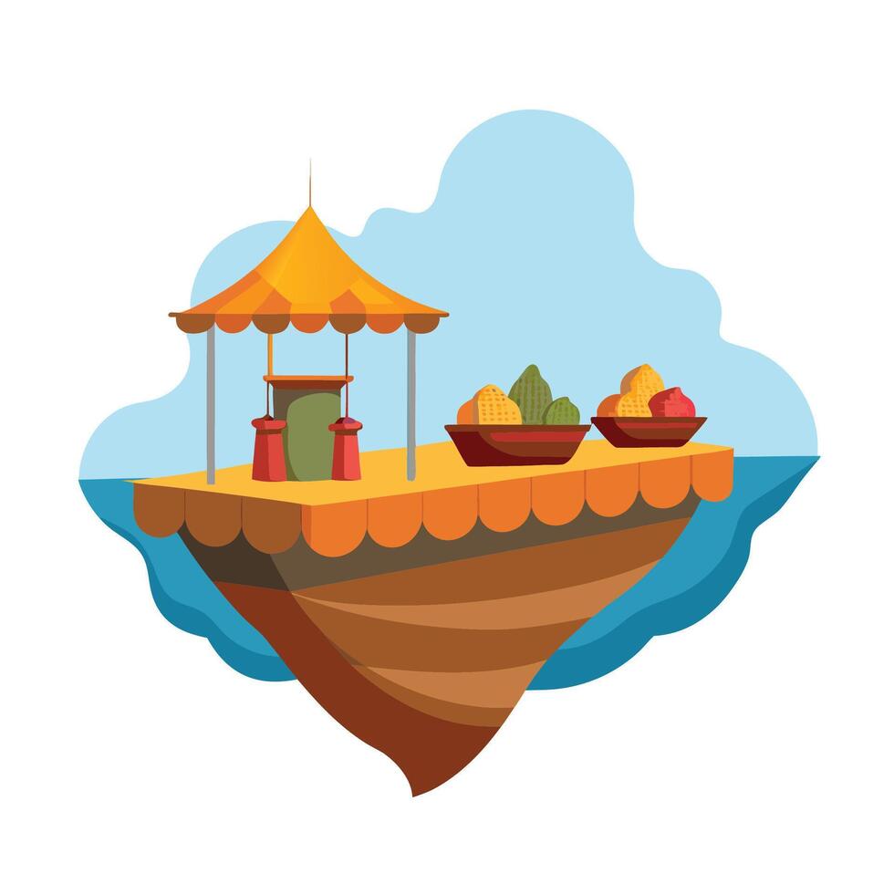 Floating island market with tropical fruits and awning in a stylized illustration vector