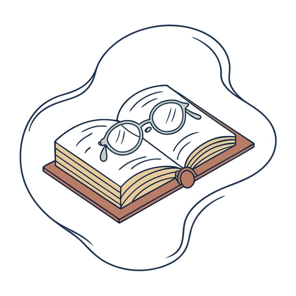 Open book with glasses resting on pages in a wavy outline vector
