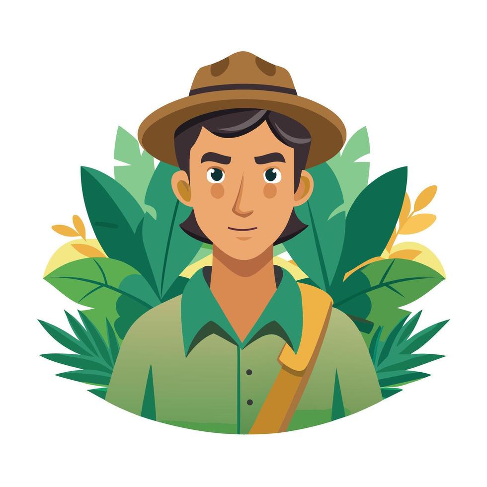 Cartoon style illustration of male explorer in tropical background with geometric composition vector