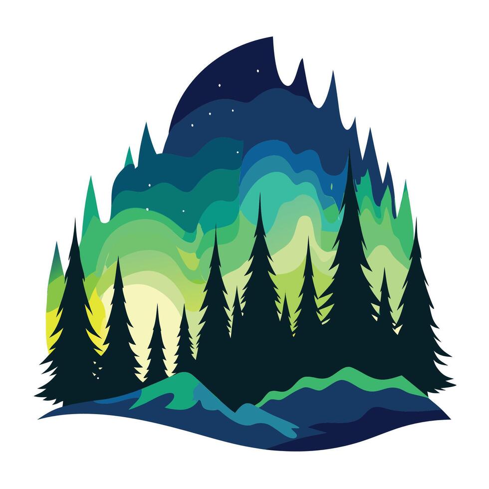 Northern Lights in the Forest A Flat Design Landscape Illustration vector