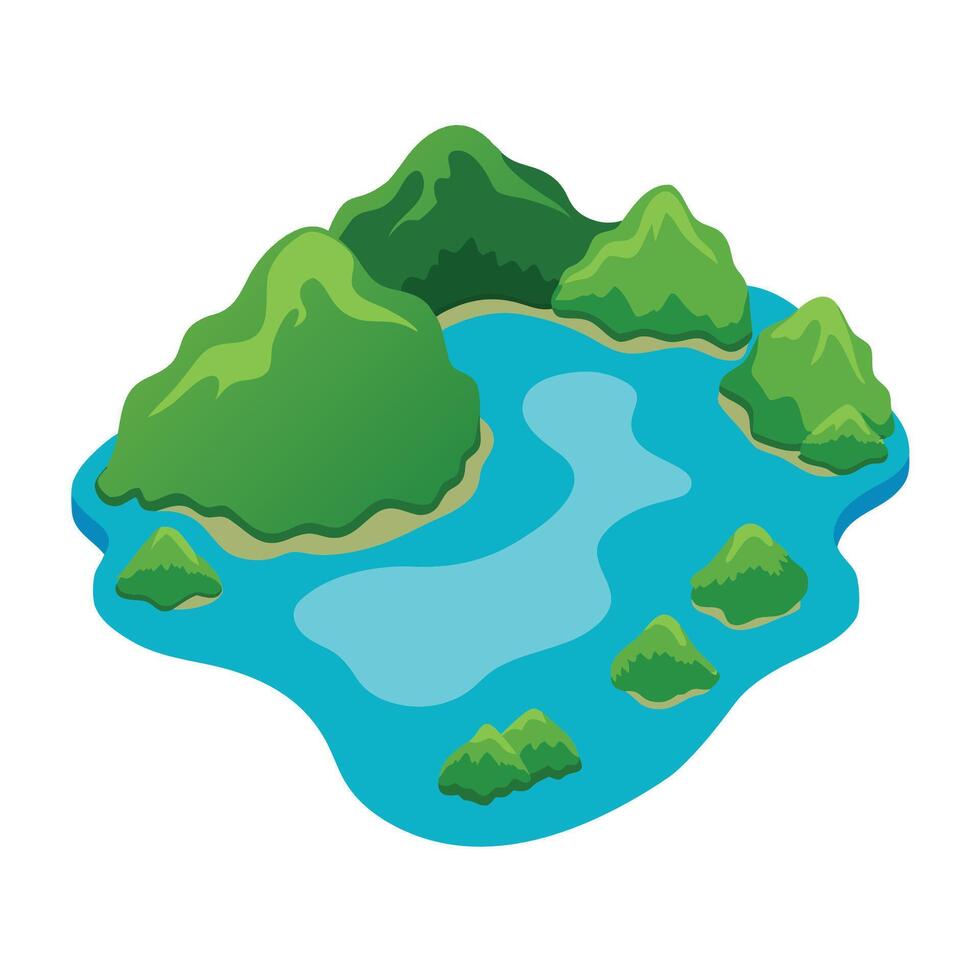 Isometric cartoon island with green mountains and turquoise water for travel concept vector