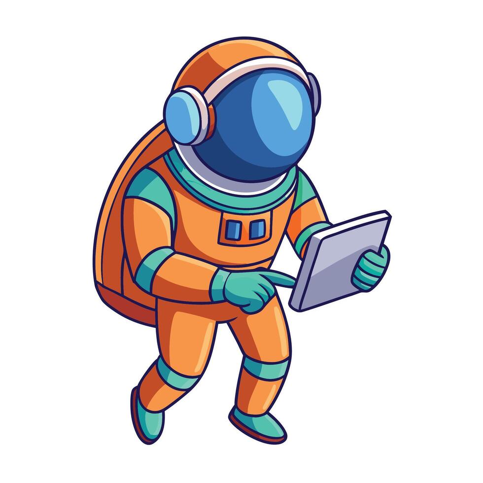 Astronaut using digital tablet in space suit against a white background vector