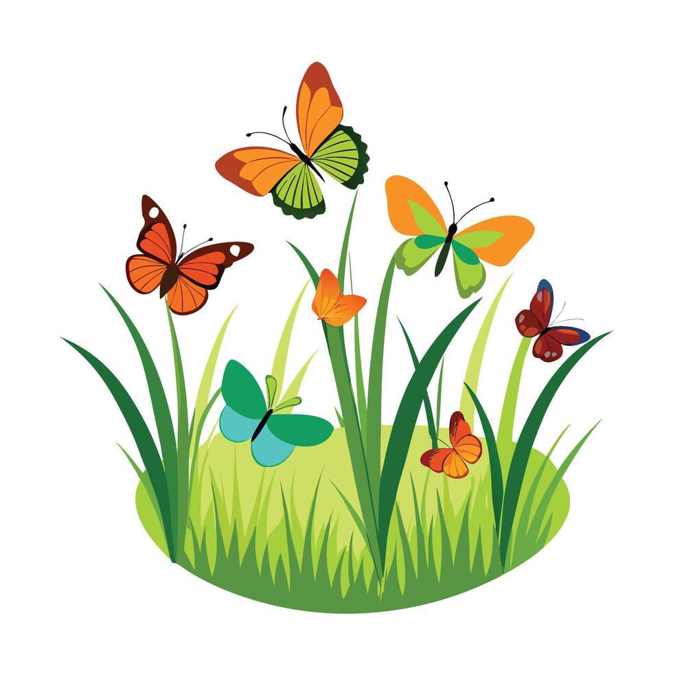 Whimsical butterfly garden illustration with vibrant colors and fresh green grass vector