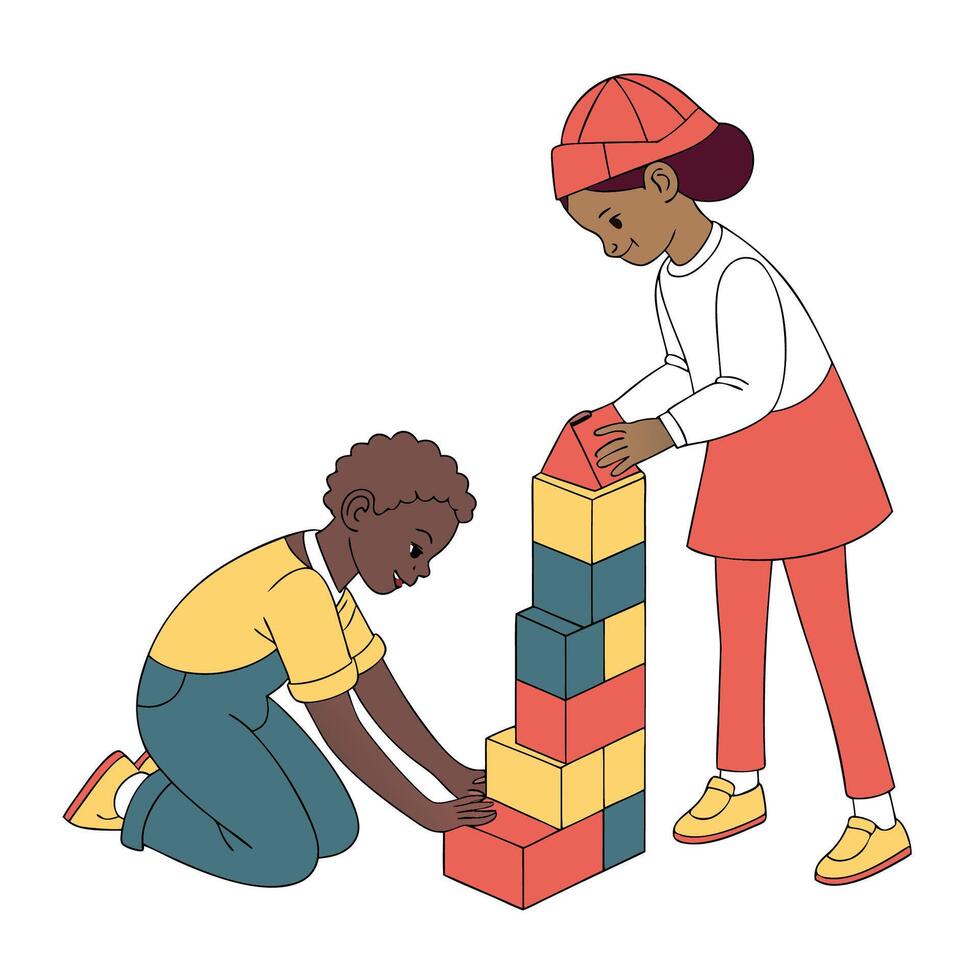 Two children building a tower with colorful blocks illustration on white vector