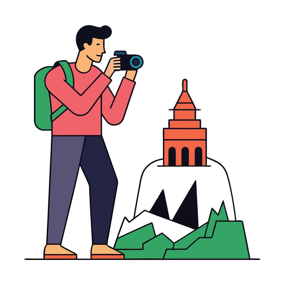 Tourist photographs pagoda landmark on a mountain with backpack and camera equipment vector