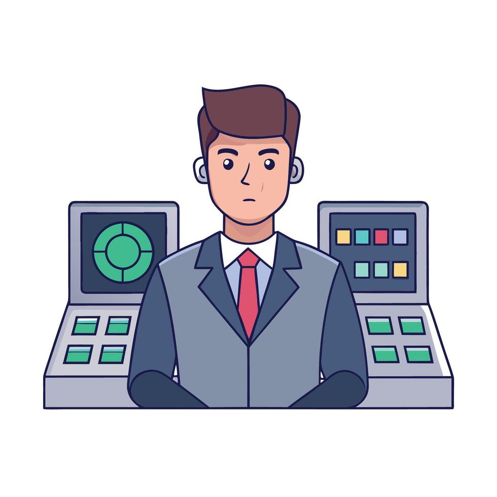 Cartoon man in a suit at control panel workstations with radar and displays vector