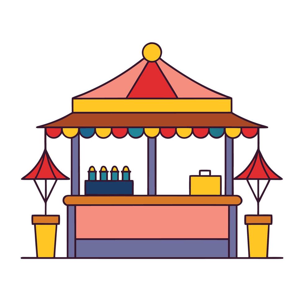Stylized illustration of a vibrant market stall with colorful details and unique umbrellas vector