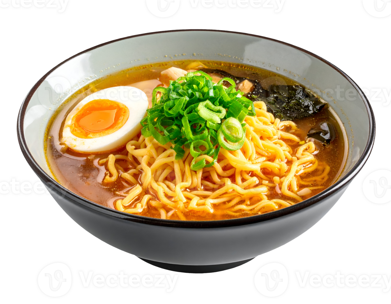 japanese ramen noodle soup with soft boiled egg seaweed scallion and soy broth in ceramic bowl on isolated background png