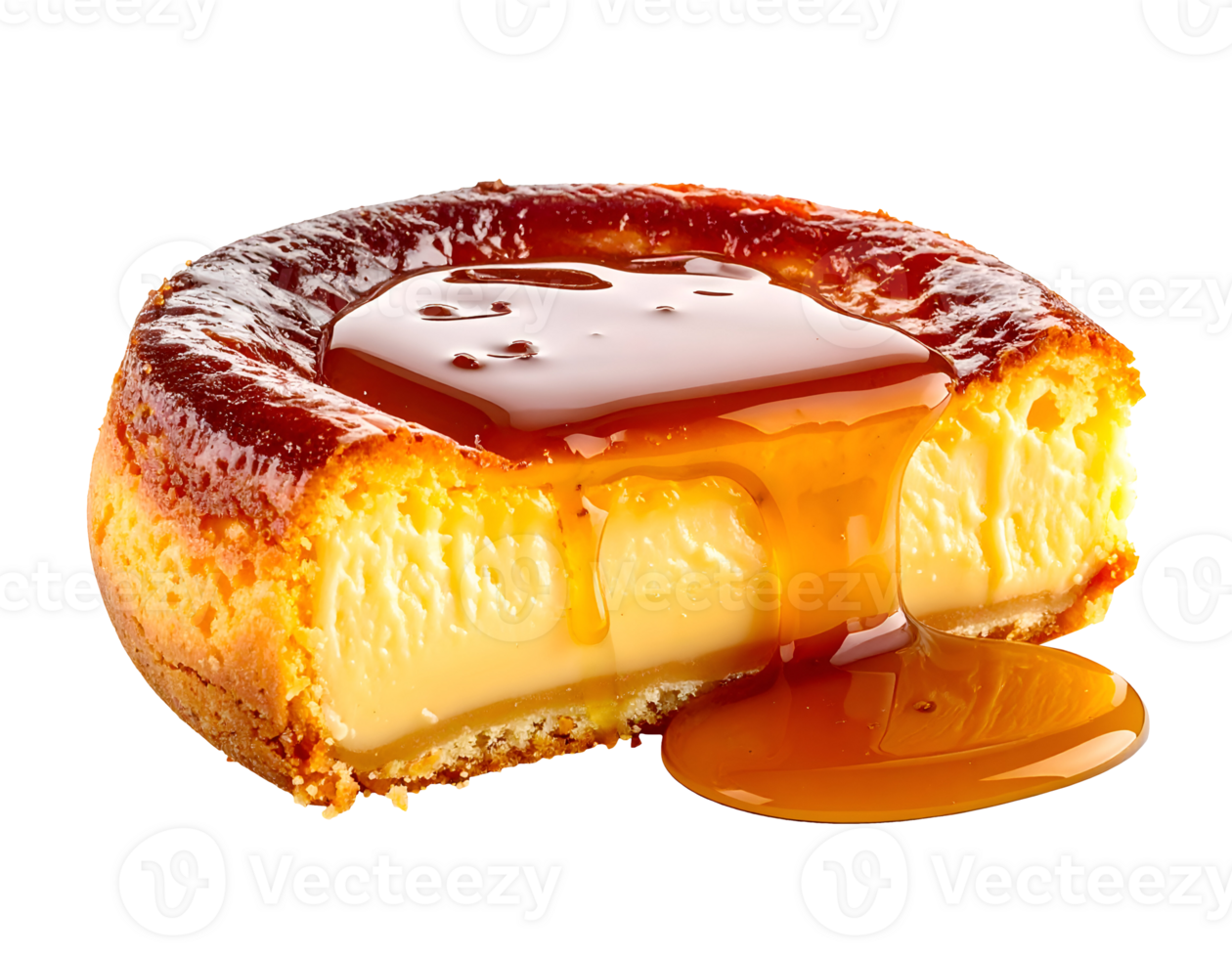 custard tart dessert with caramel syrup oozing from creamy center on isolated background macro food photography png