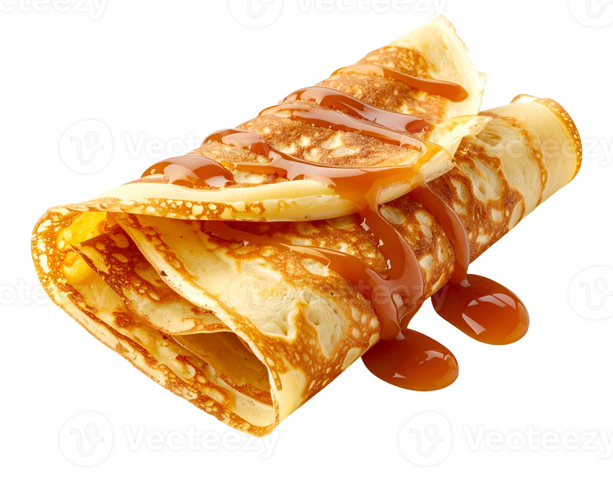folded crepe dessert with dripping caramel sauce on isolated background golden pancake sweet breakfast treat concept png