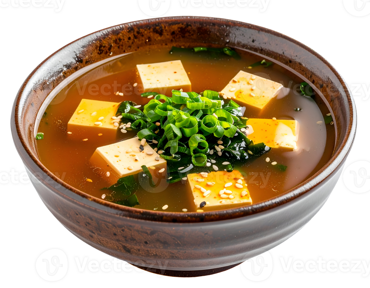 traditional japanese miso soup with tofu wakame scallion sesame seeds and sesame oil in ceramic bowl on isolated background png