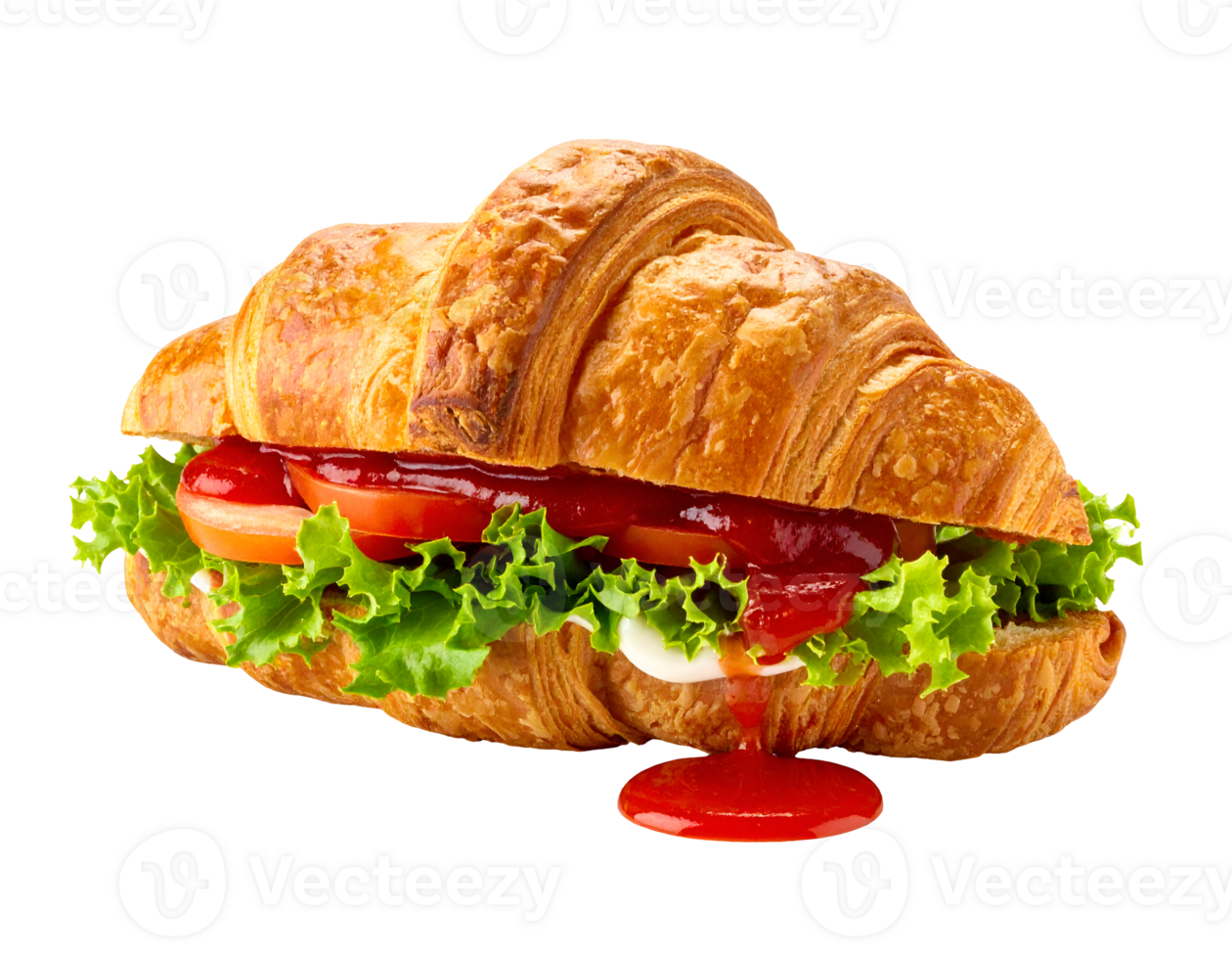 crispy croissant sandwich with lettuce tomato mayonnaise and ketchup dripping on isolated background delicious breakfast or lunch food concept png