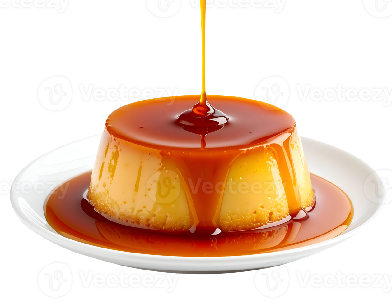 flan dessert topped with rich caramel stream and syrup drip on white plate on isolated background sweet custard pudding png