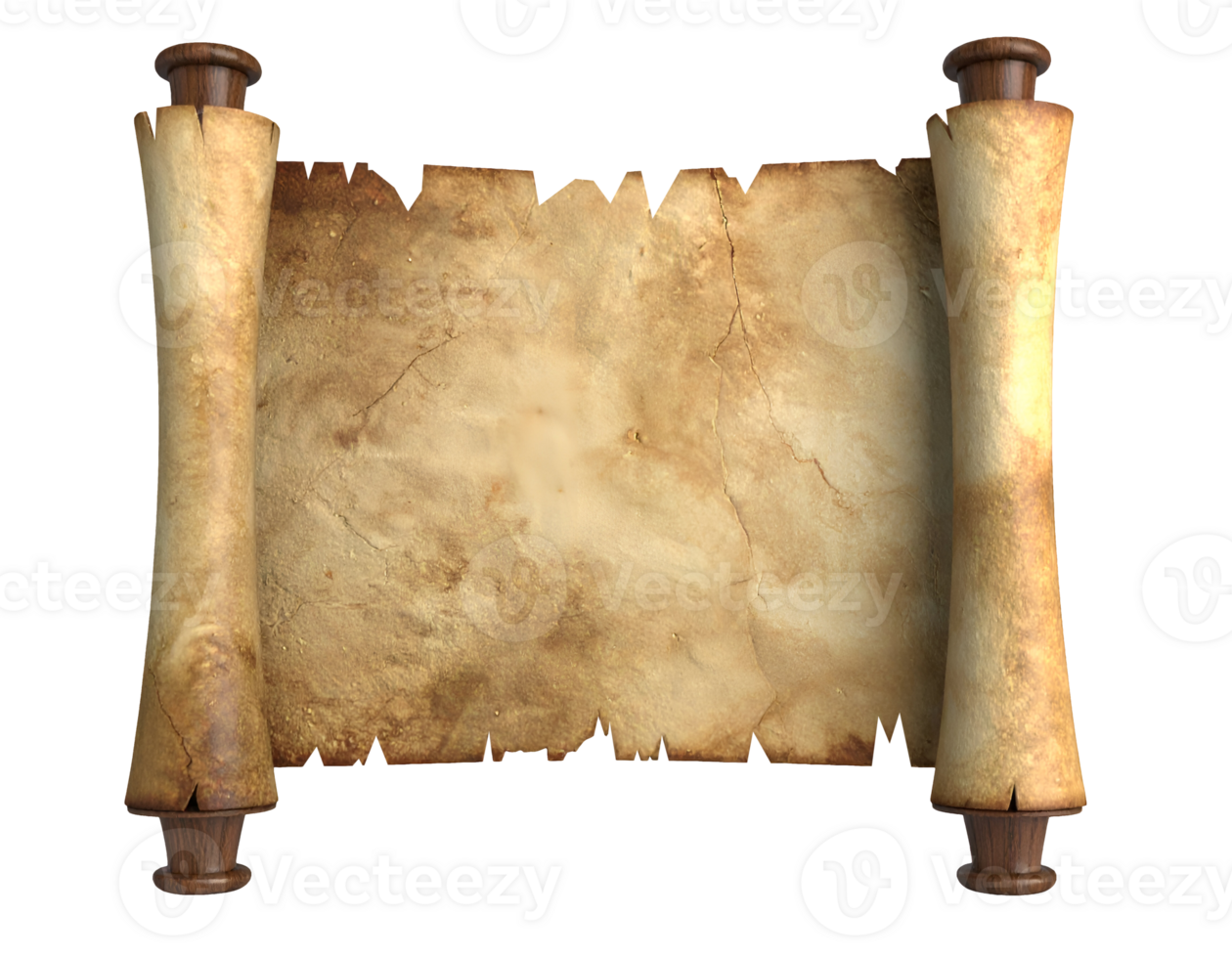 ancient spell scroll fully unrolled front view with cracked parchment and wooden rollers on isolated background png