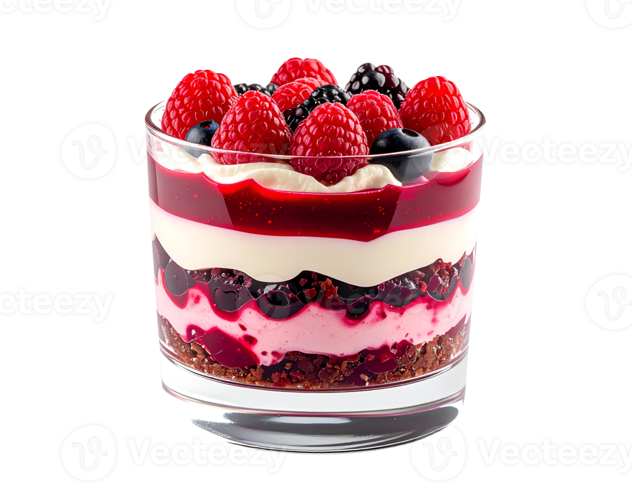 layered berry trifle dessert in clear glass with raspberry blueberry and cream on isolated background gourmet fruit parfait png