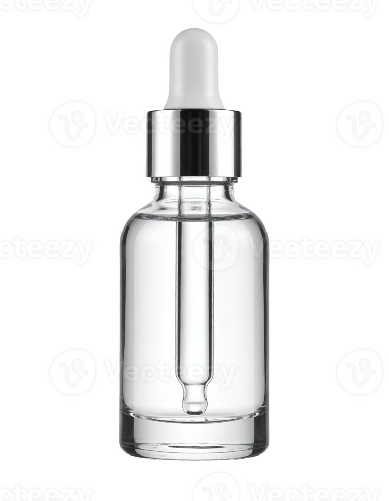 clear glass dropper bottle with white rubber and silver cap, minimal cosmetic packaging for serum or facial oil, empty transparent container, on isolated background png