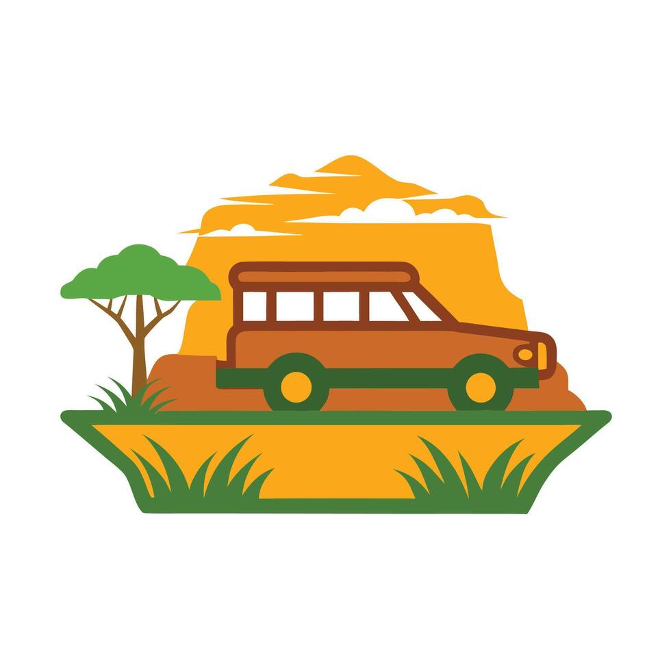 Flat illustration of SUV car driving on safari with African landscape vector