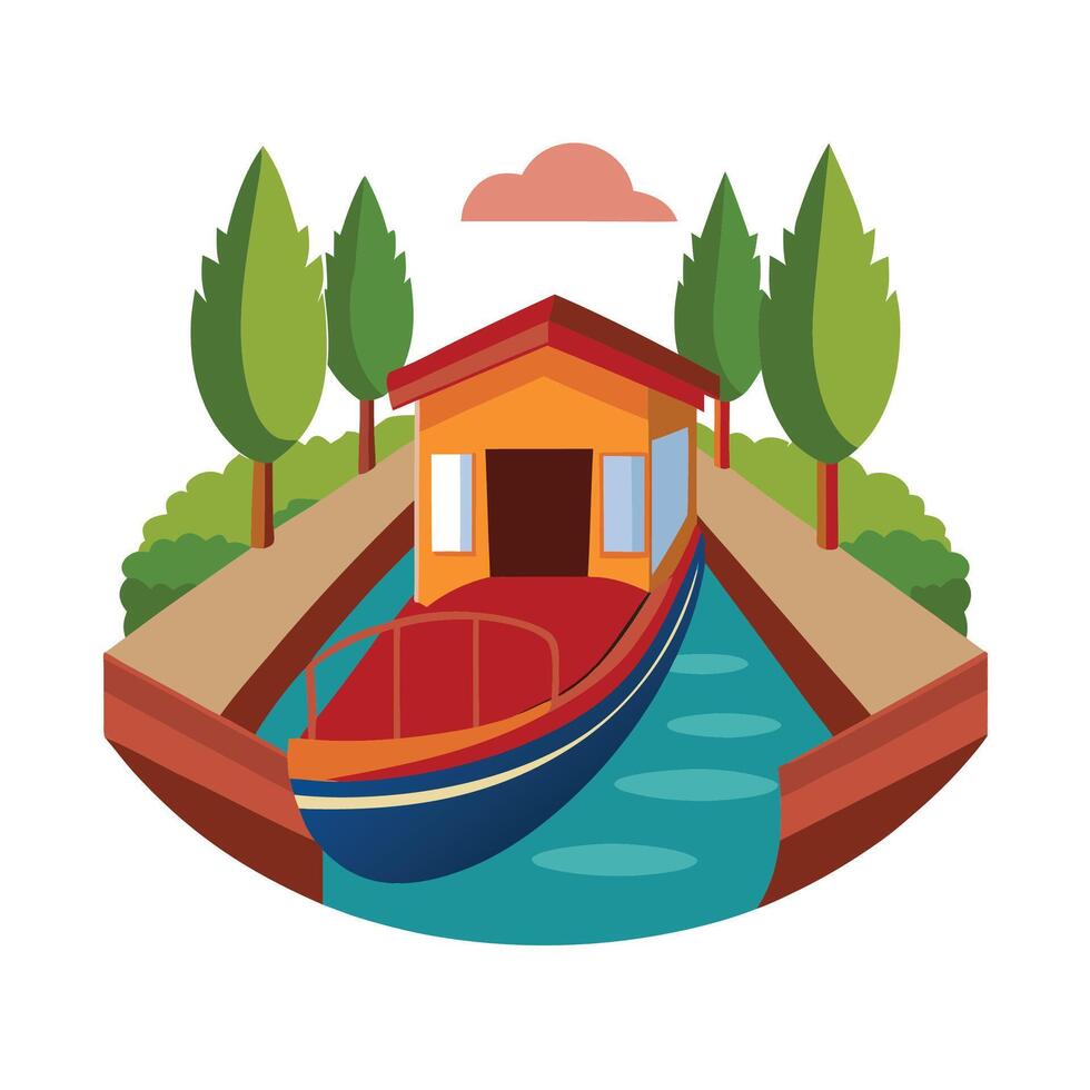 Stylized boat and house along a canal with trees and cloud scenery vector