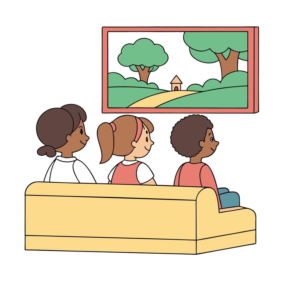 Children watching television on a sofa in a stylized cartoon scene vector