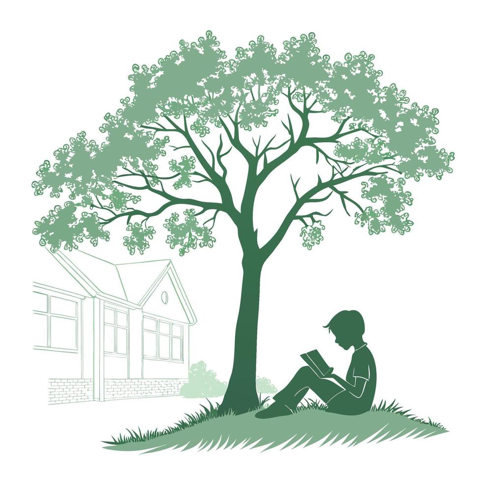 Boy Reading Under a Tree near a House - Serene Summer Scene vector