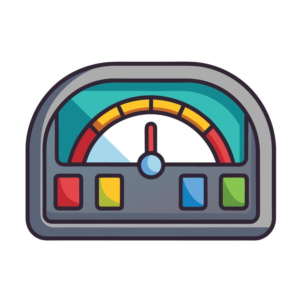 Colorful speedometer illustration indicating performance measurement with buttons and pointer. vector