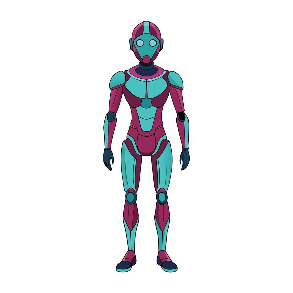 Futuristic female android standing straight with teal and magenta colored armor in cartoon style vector