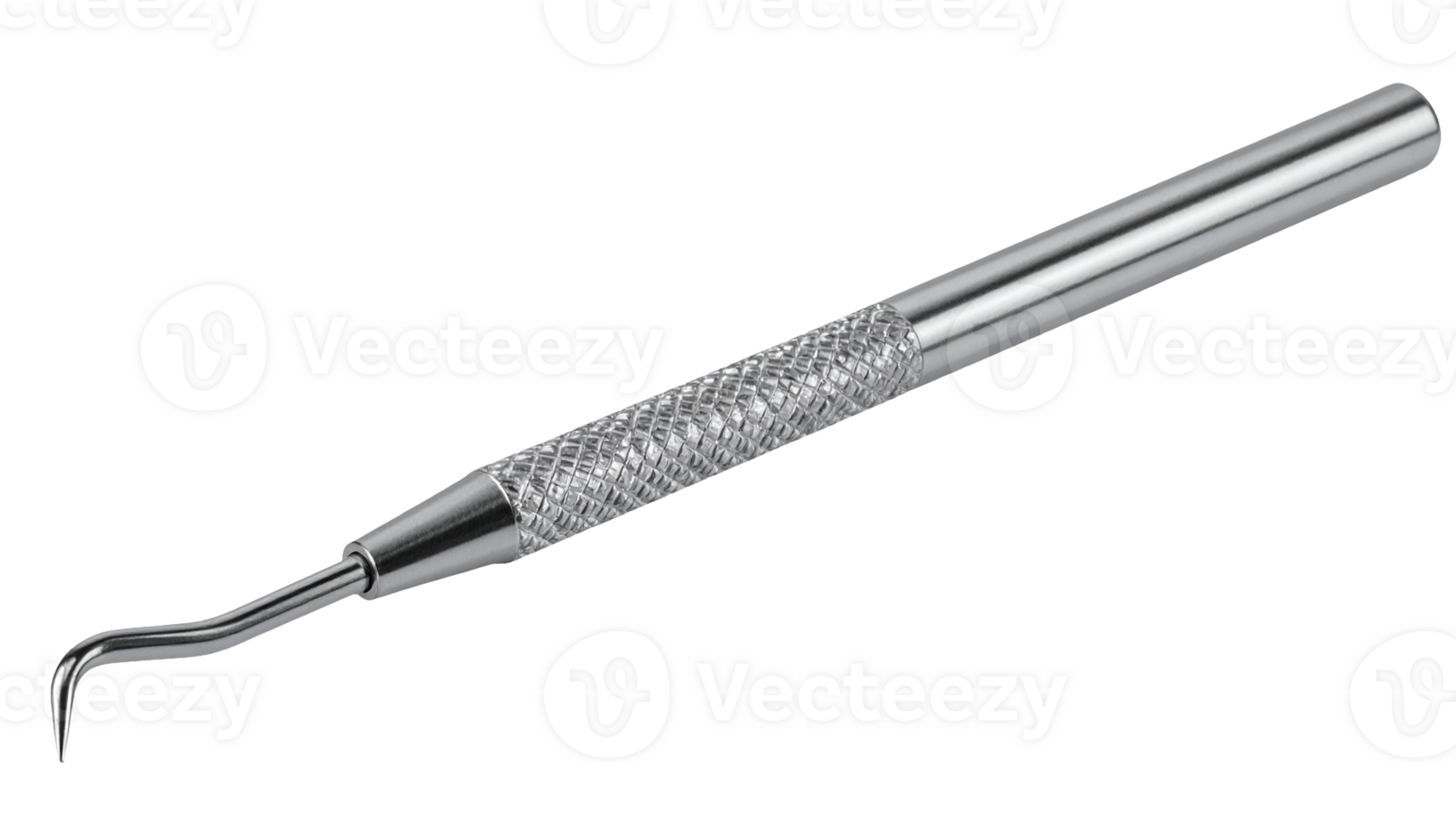 dental explorer tool with sharp curved tip and textured grip, stainless steel oral diagnostic instrument for cavity detection on isolated background png