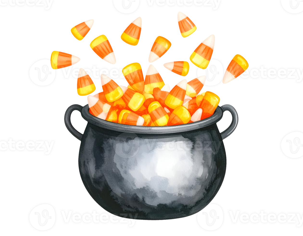 candy corn explosion from black cauldron in watercolor style for halloween treat isolated on transparent background png